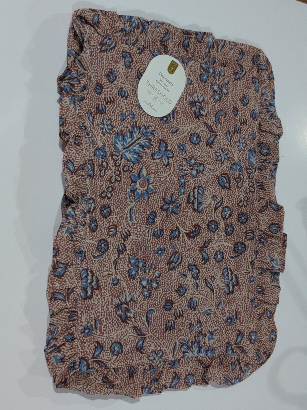 Threshold 19" x 14" Cotton Placemats, Set Of 10 Botanical Floral Brown, Blue NEW